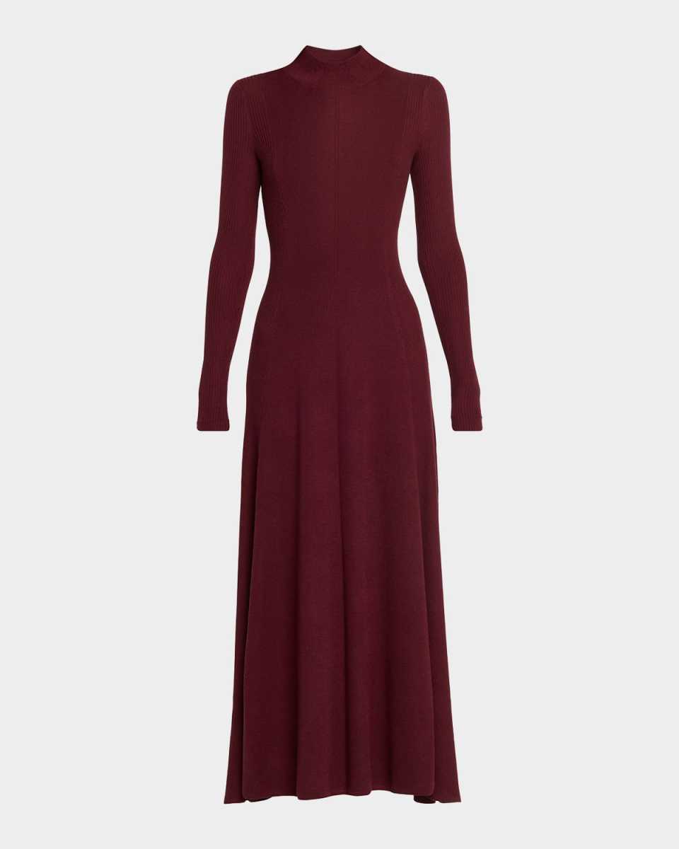 Rib Godet Long-Sleeve Midi Dress